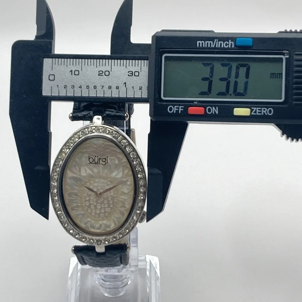 Burgi Women's Watch Silver Tone Crystals Floral Dial 33mm Oval New Battery 8.75